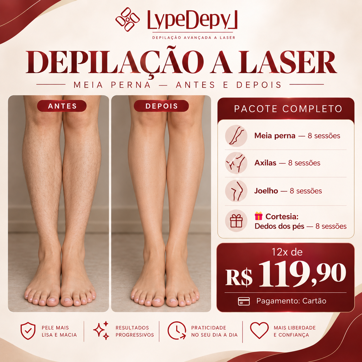 Criativo de tráfego pago — Antes e depois: adeus cera e lâmina